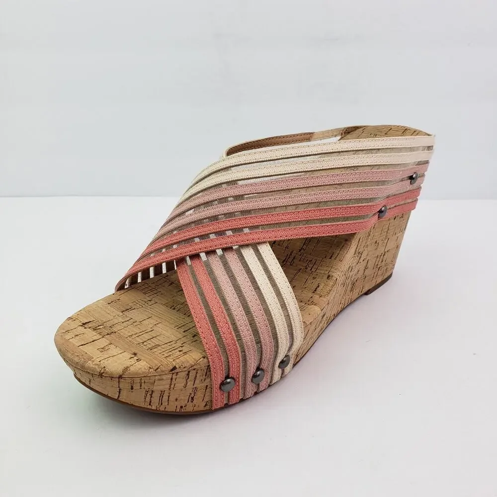 Lucky Brand Mykayla Womens Size 9.5 Pink White Cork Slide Wedge Sandals